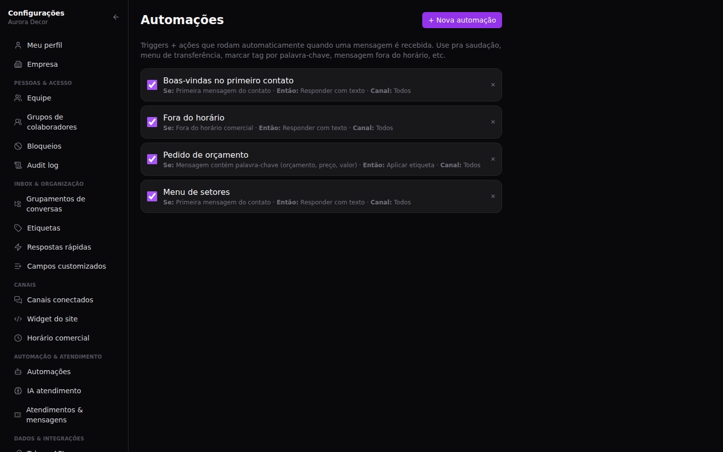 Automações — Menu de setores