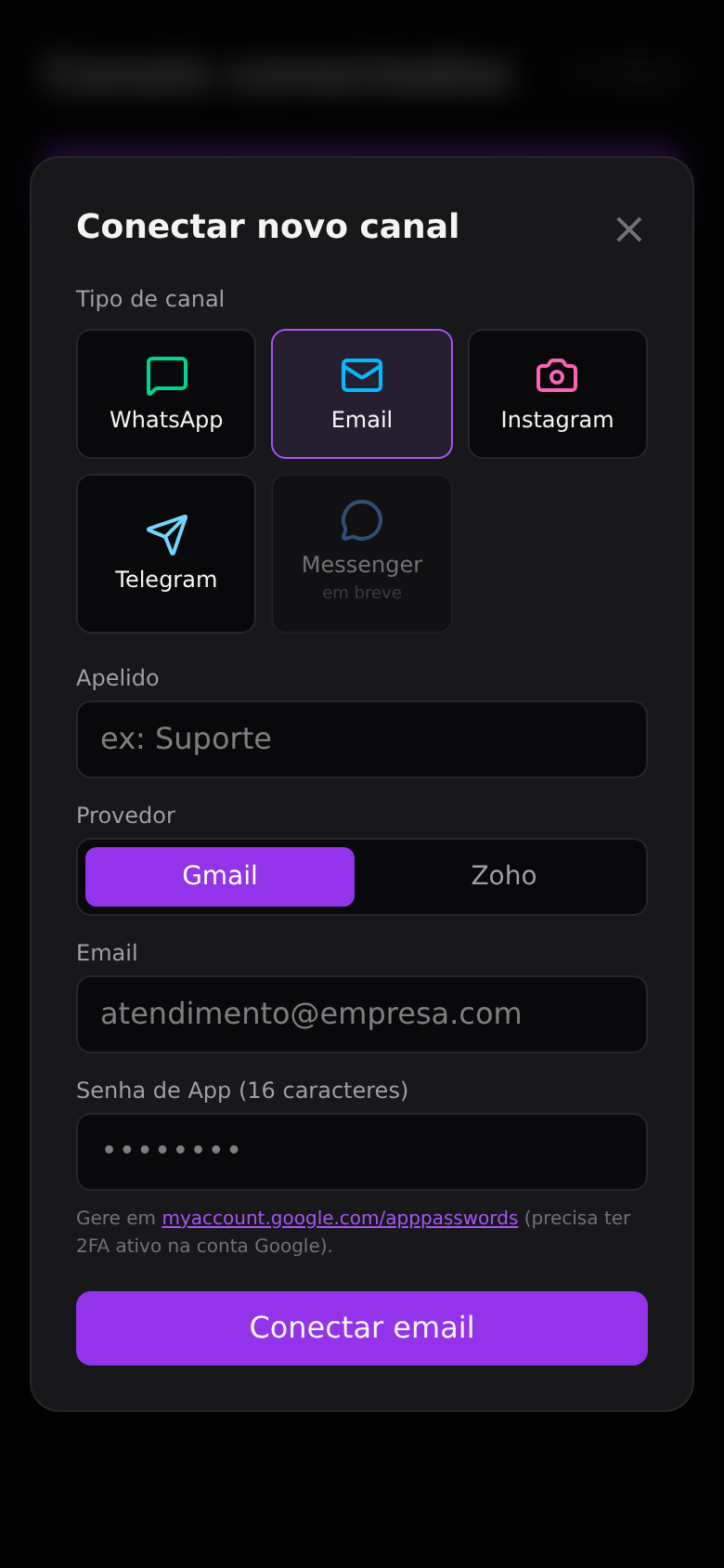 E-mail — Conectar a caixa
