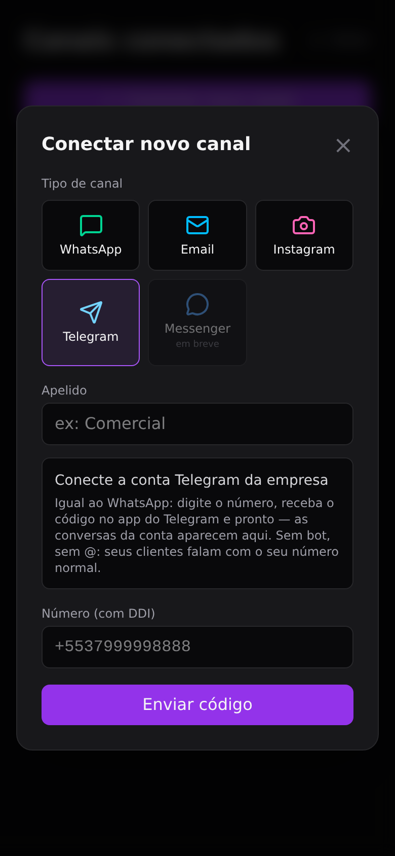 Telegram — Informar o telefone