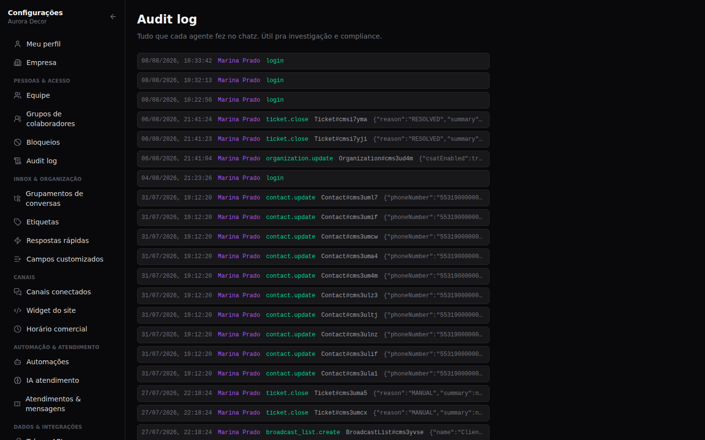 Exportação, API e auditoria — Registro de auditoria