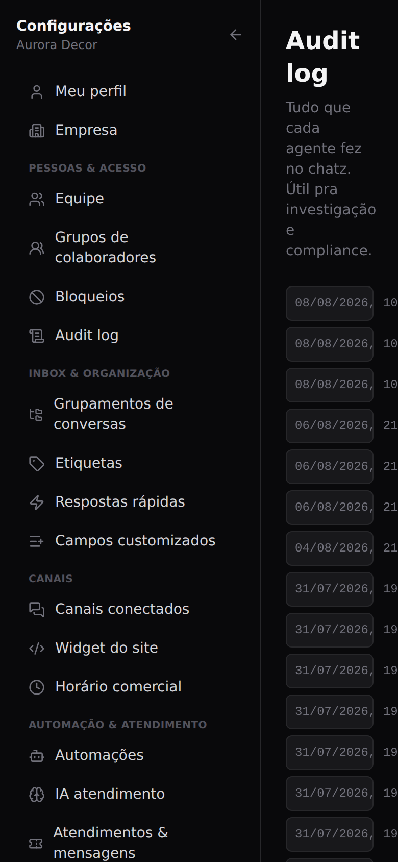 Exportação, API e auditoria — Registro de auditoria