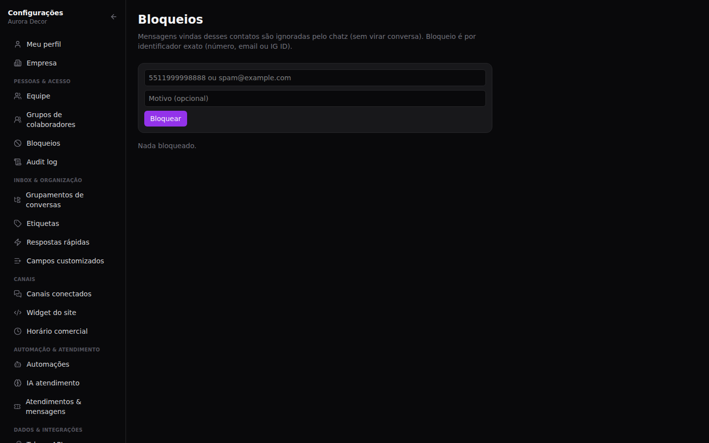 Contatos e campos próprios — Bloquear