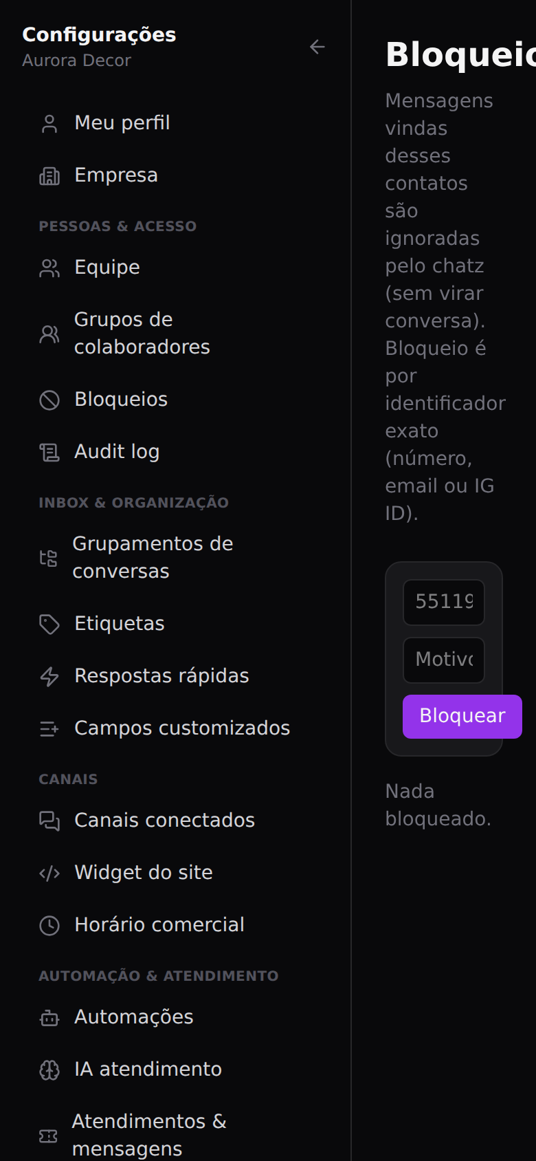 Contatos e campos próprios — Bloquear