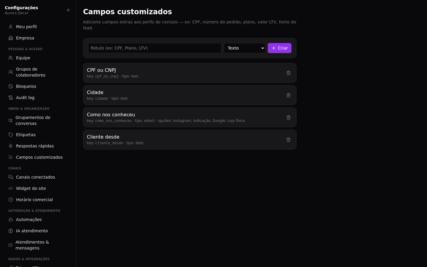 Contatos e campos próprios — Campos personalizados