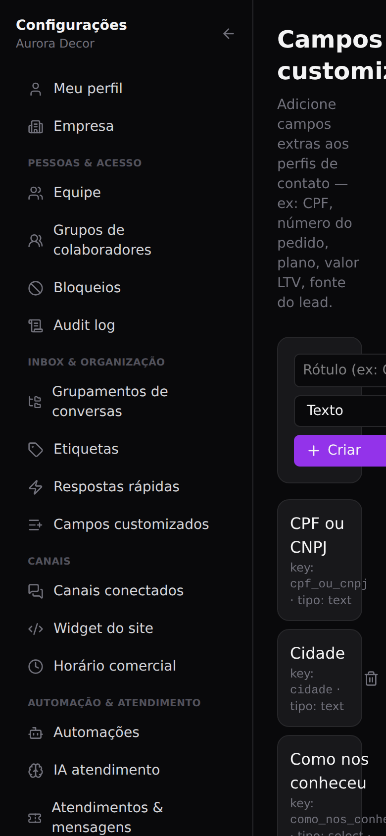 Contatos e campos próprios — Campos personalizados