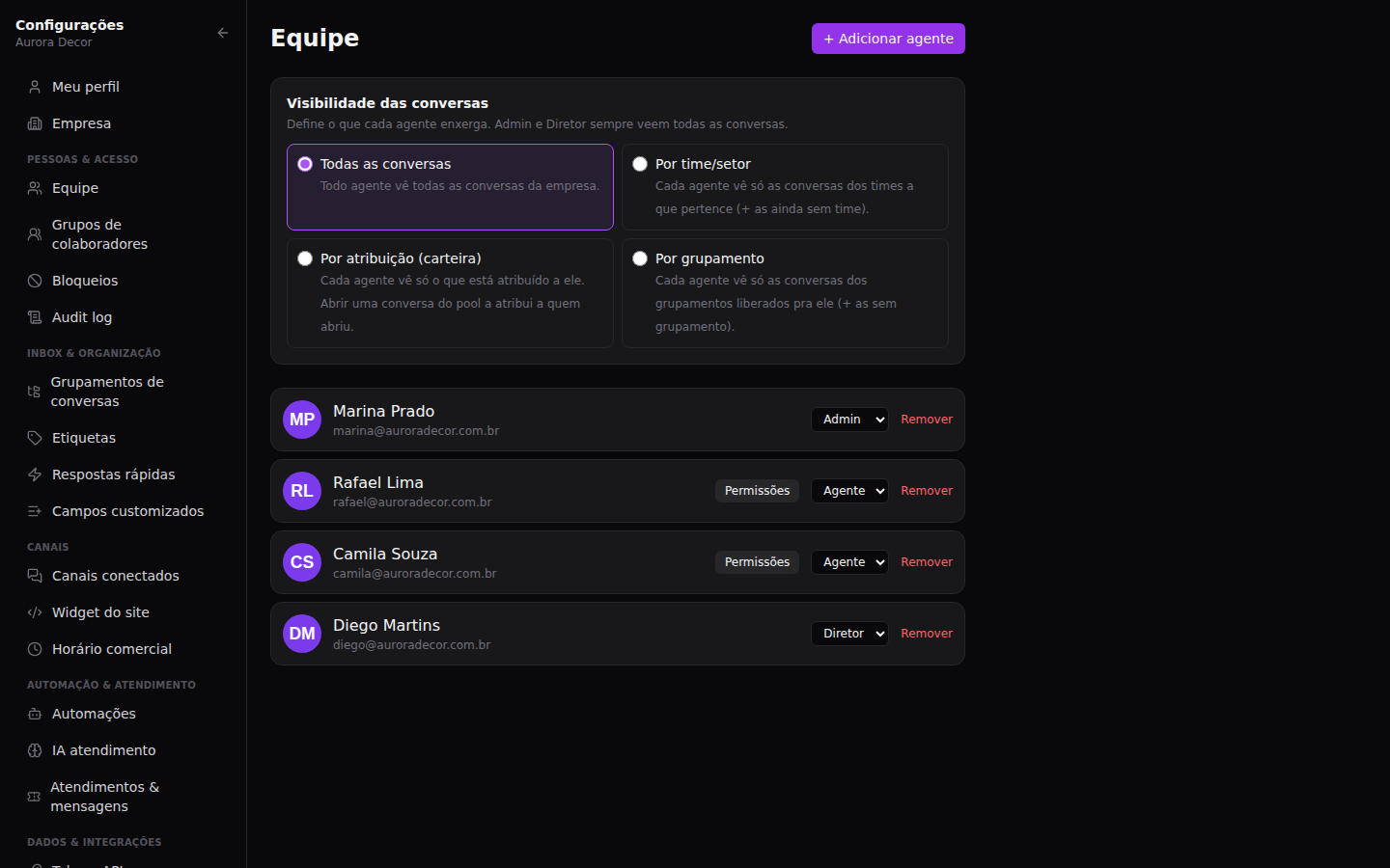 Convidar a equipe — Cadastrar as pessoas