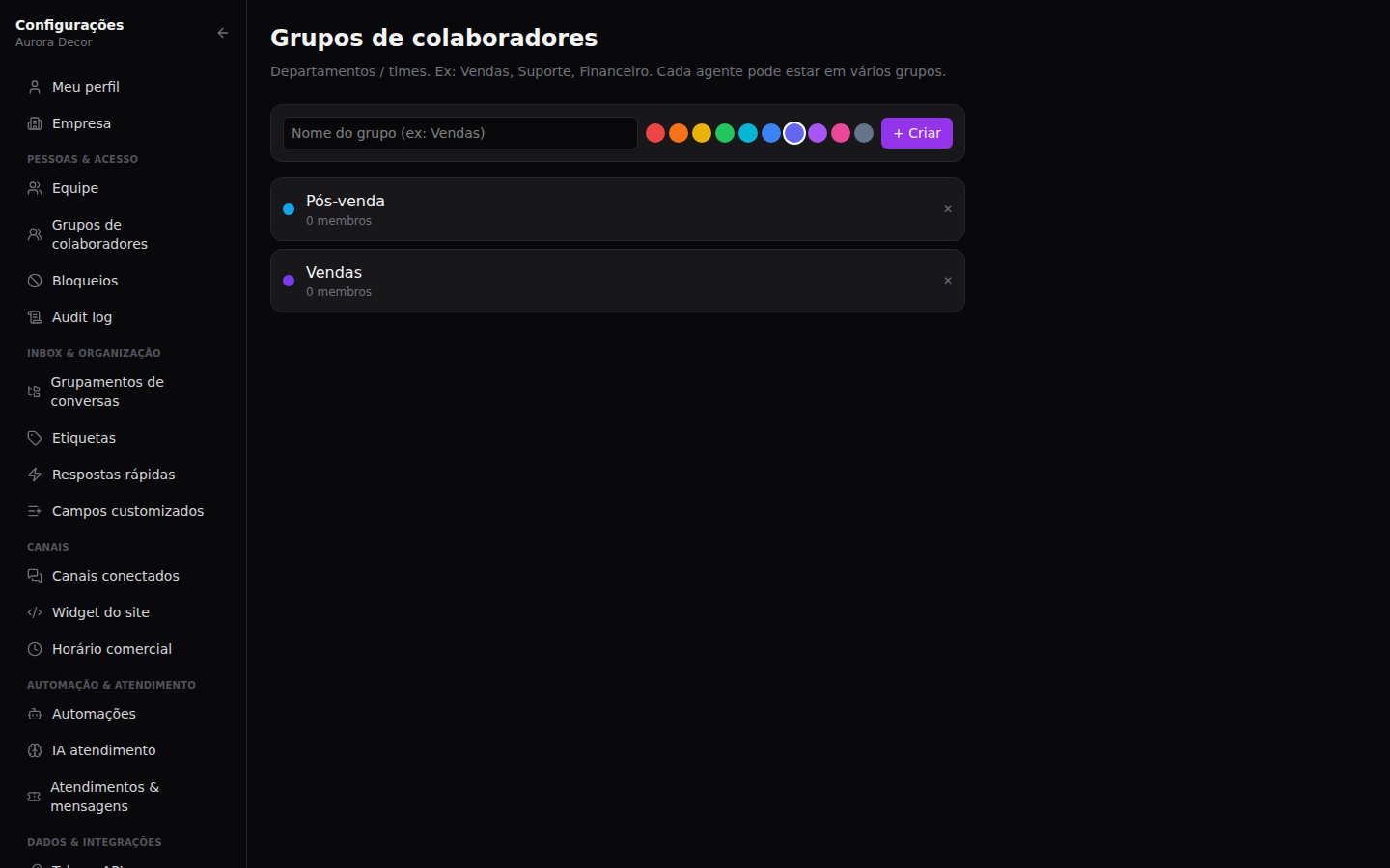 Convidar a equipe — Agrupar colaboradores