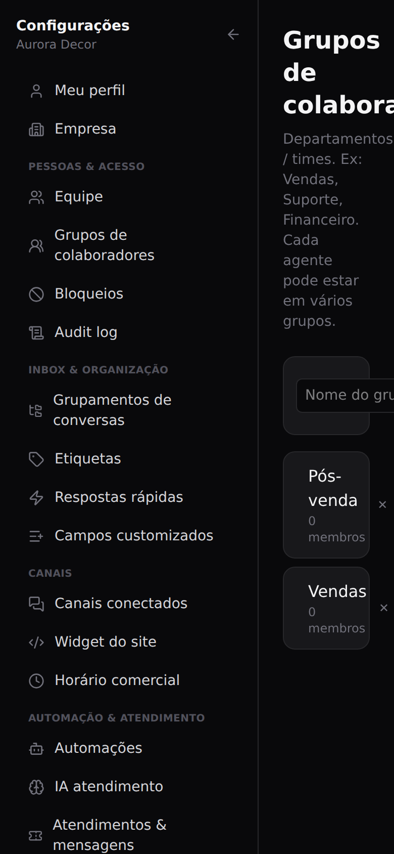 Convidar a equipe — Agrupar colaboradores