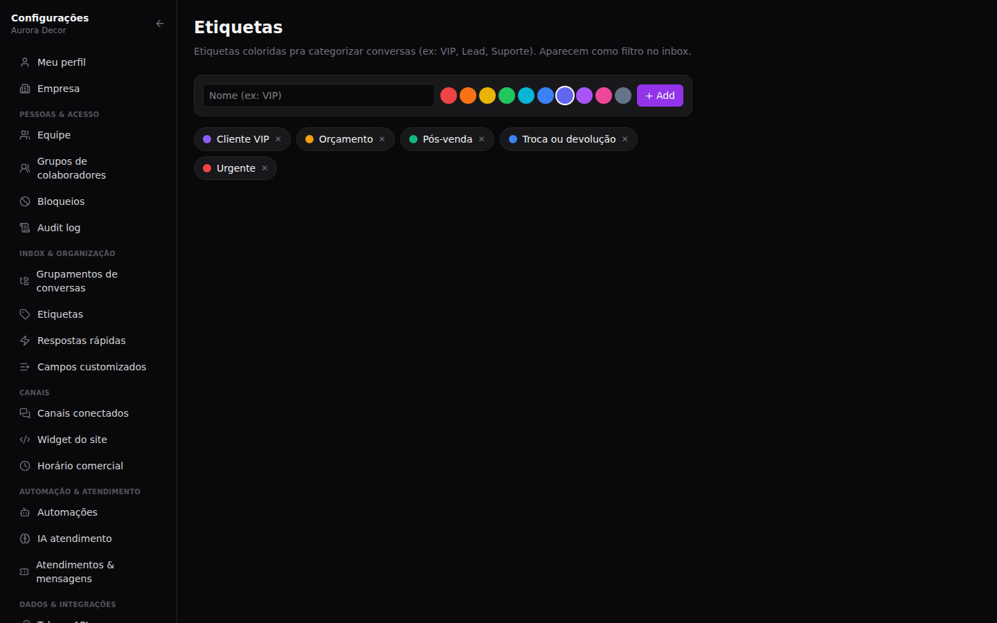 Etiquetas, grupamentos e ações — Criar as etiquetas