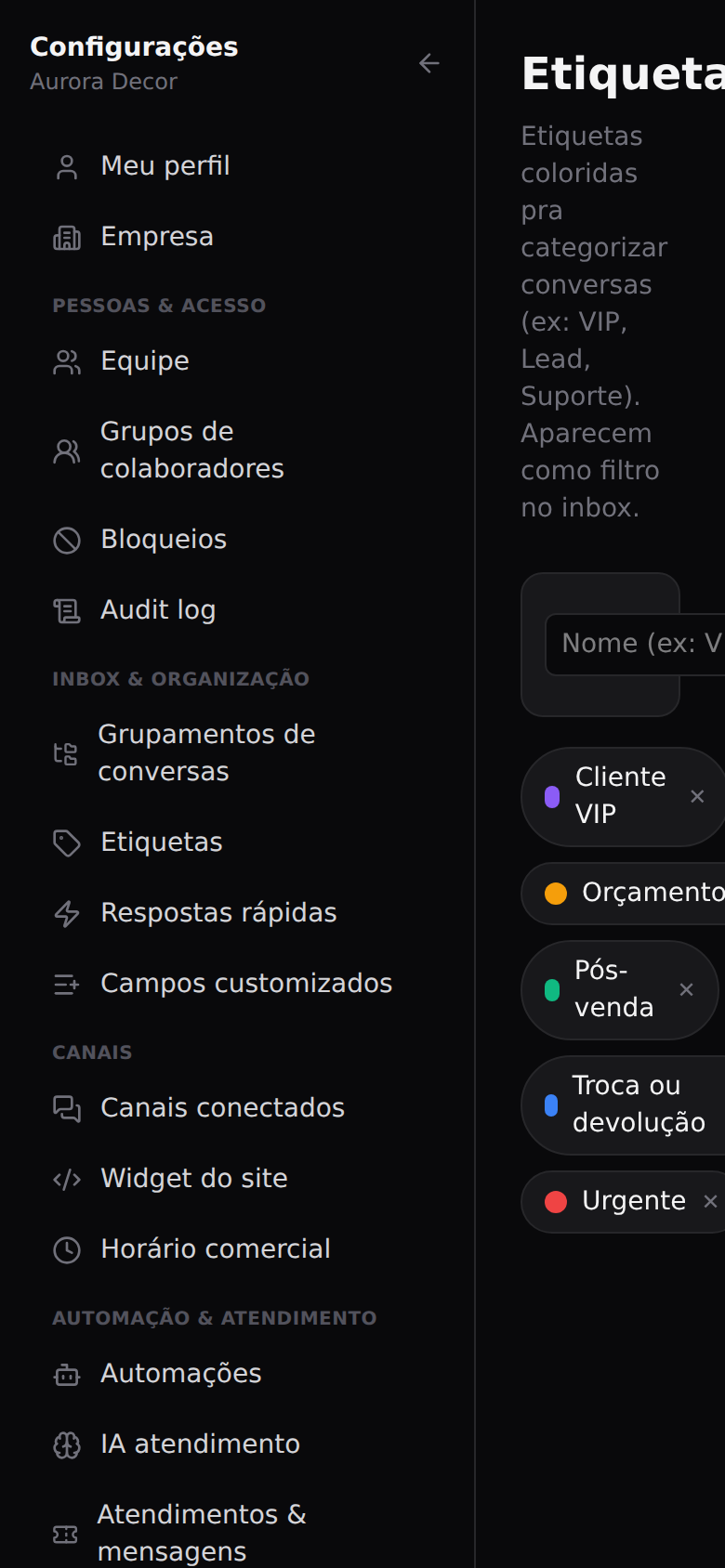 Etiquetas, grupamentos e ações — Criar as etiquetas