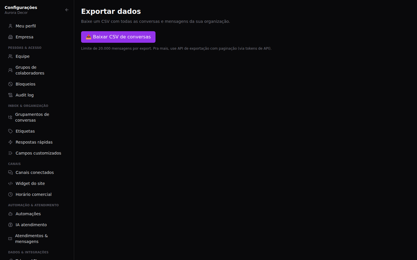 Exportação, API e auditoria — Exportar
