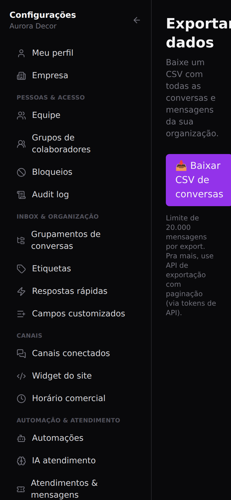 Exportação, API e auditoria — Exportar