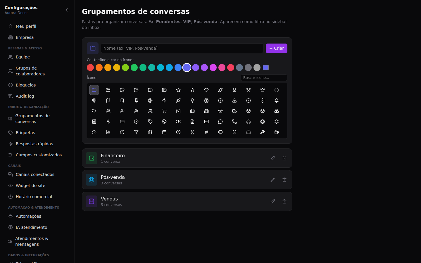 Etiquetas, grupamentos e ações — Agrupar