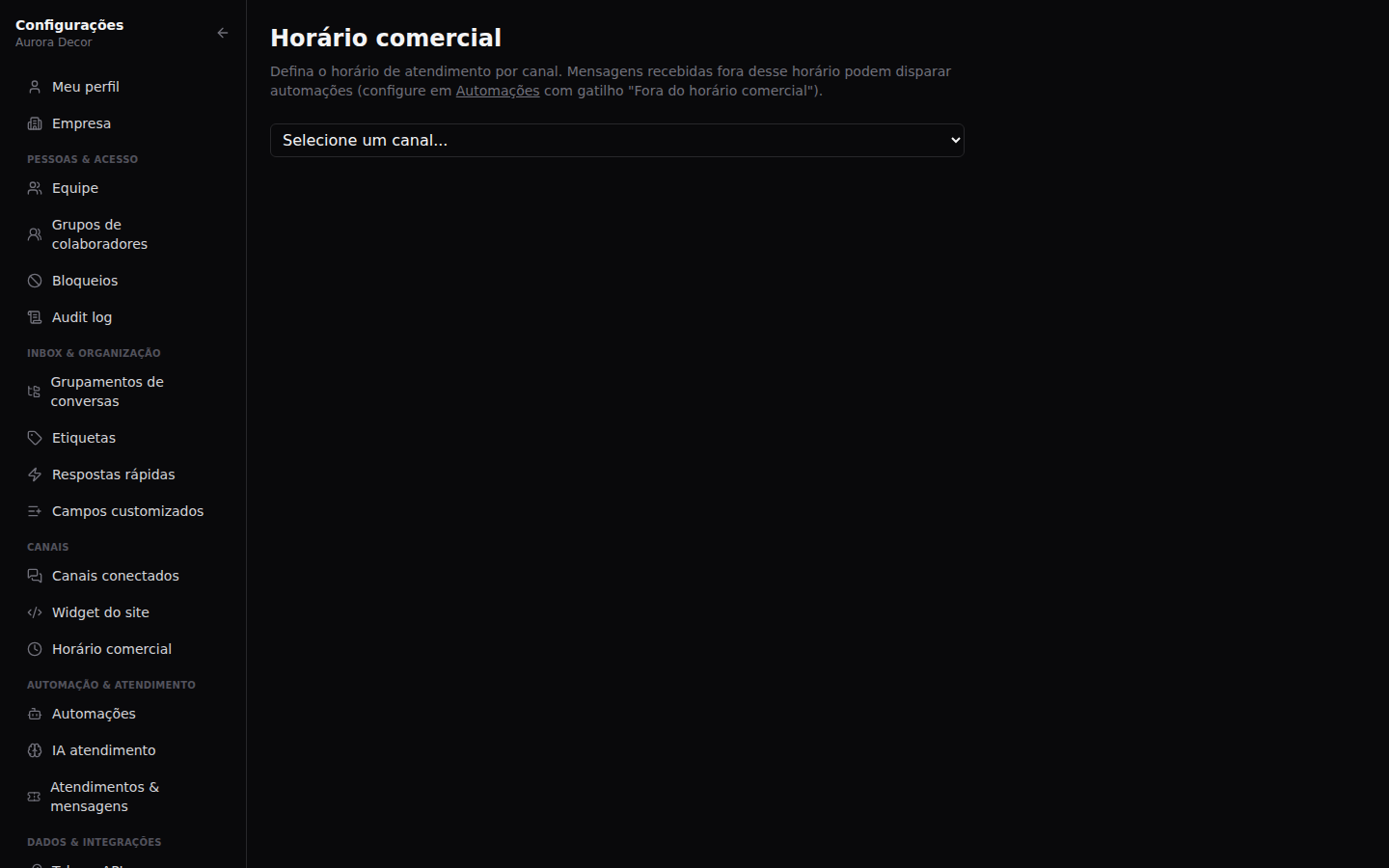 Horário comercial — Definir os horários