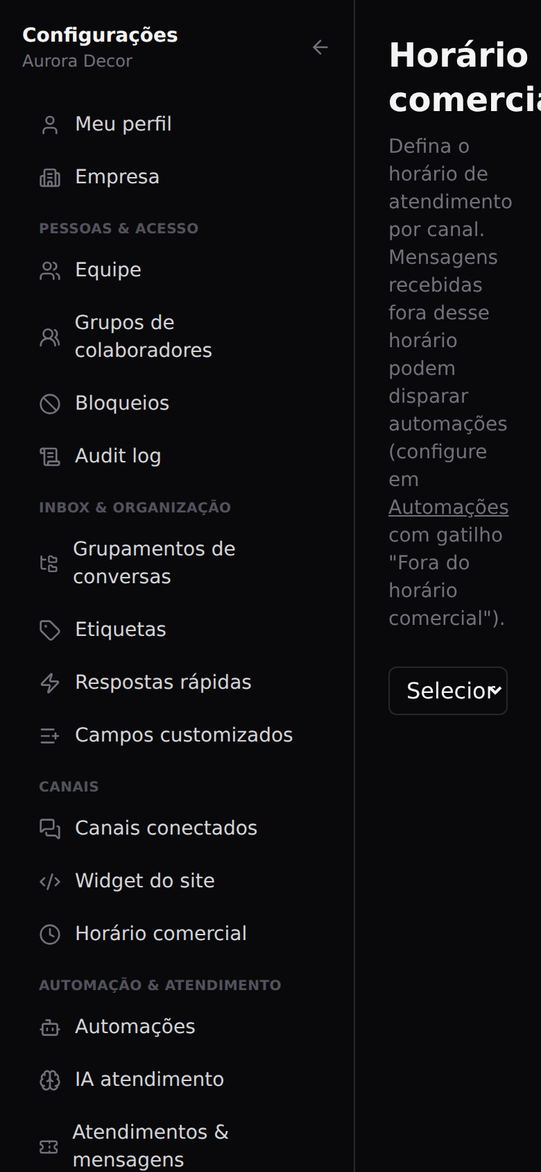 Horário comercial — Definir os horários