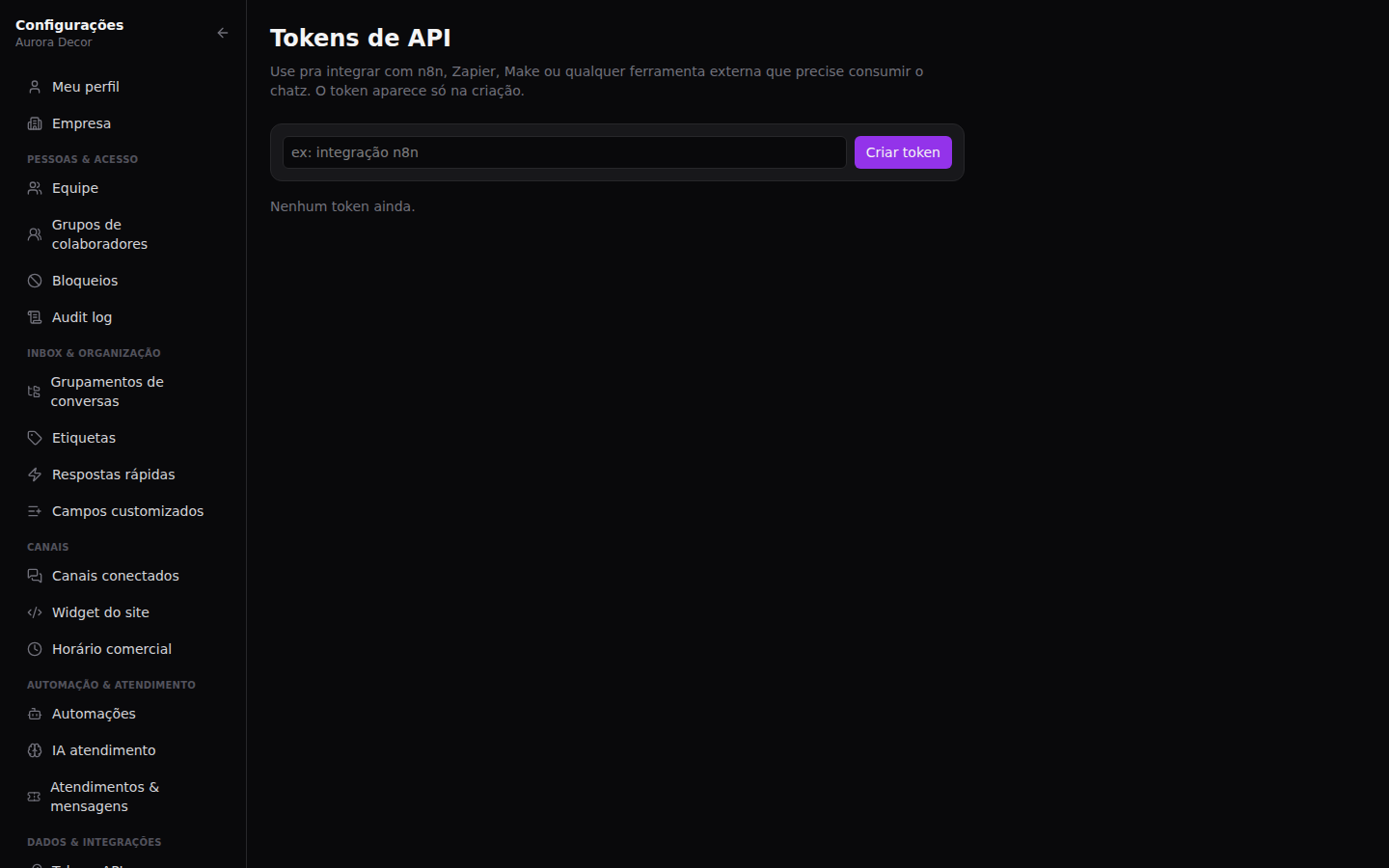 Exportação, API e auditoria — Tokens de API