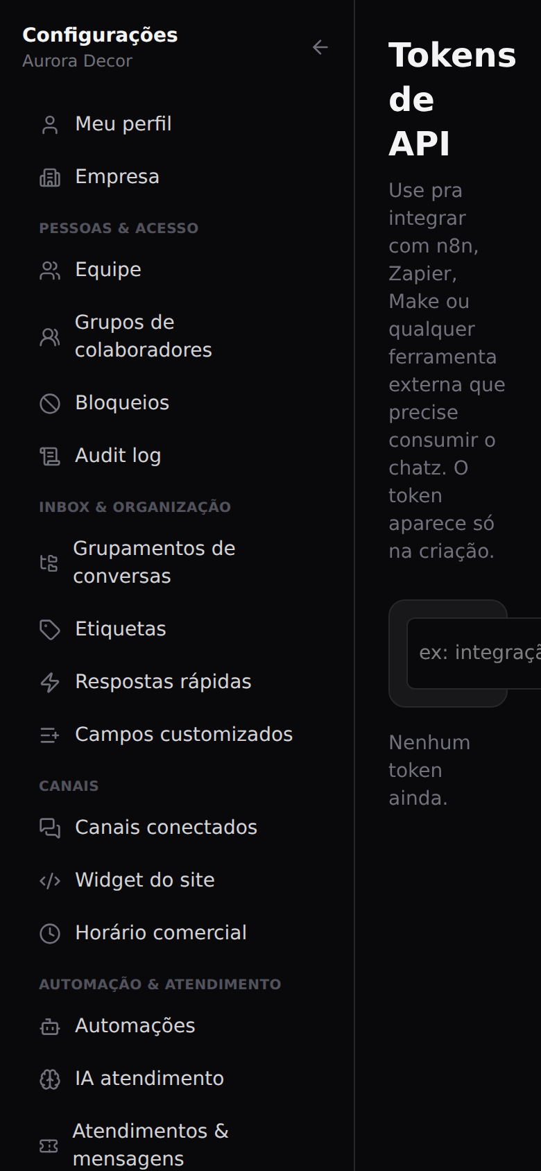 Exportação, API e auditoria — Tokens de API