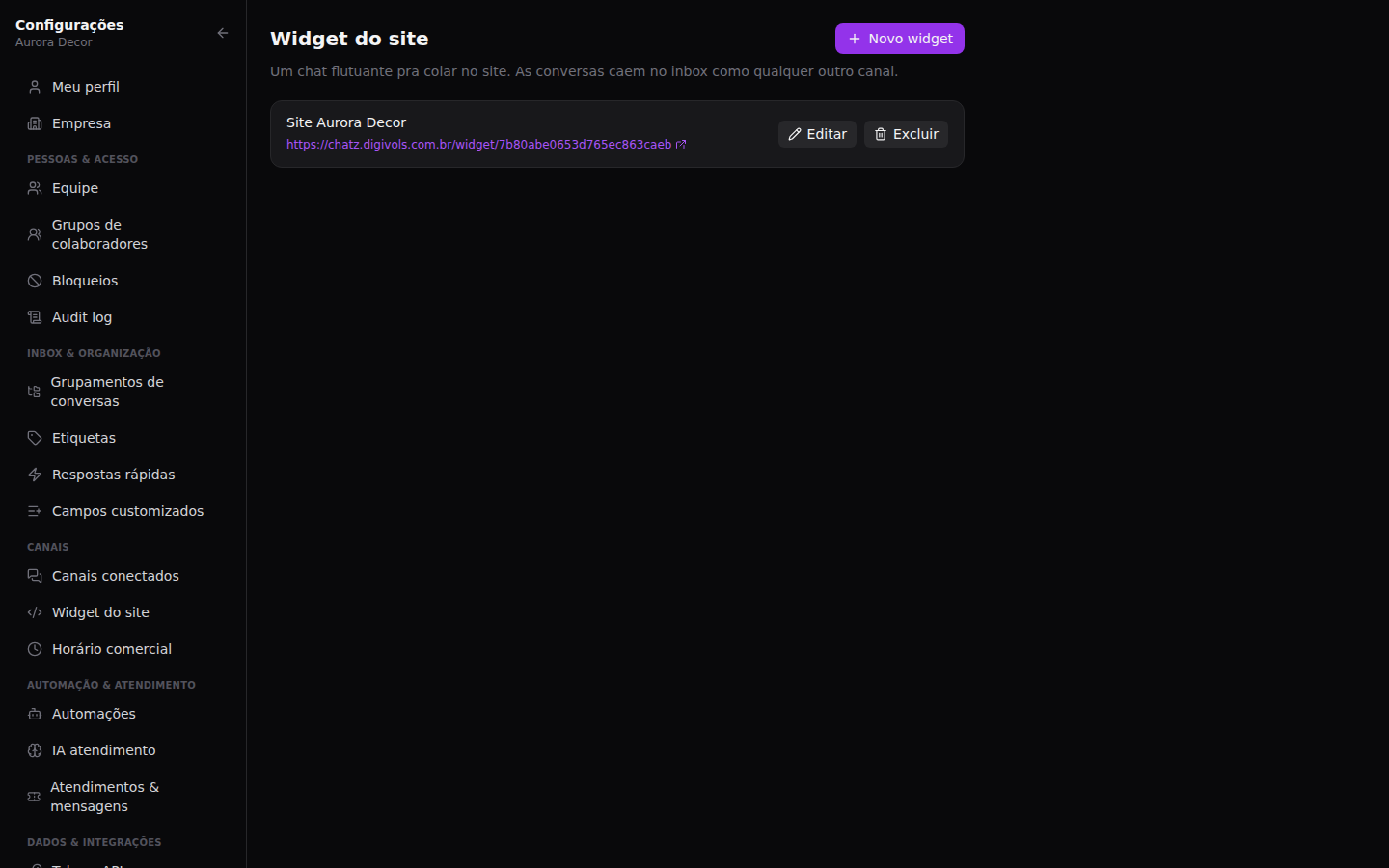 Chat do site (widget) — Criar o canal