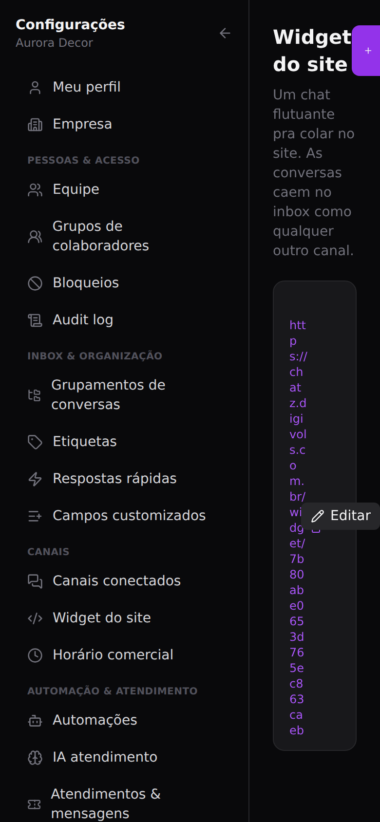 Chat do site (widget) — Criar o canal