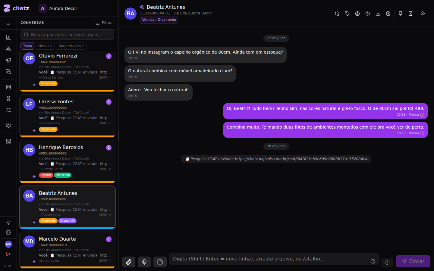 Etiquetas, grupamentos e ações — As ações da conversa