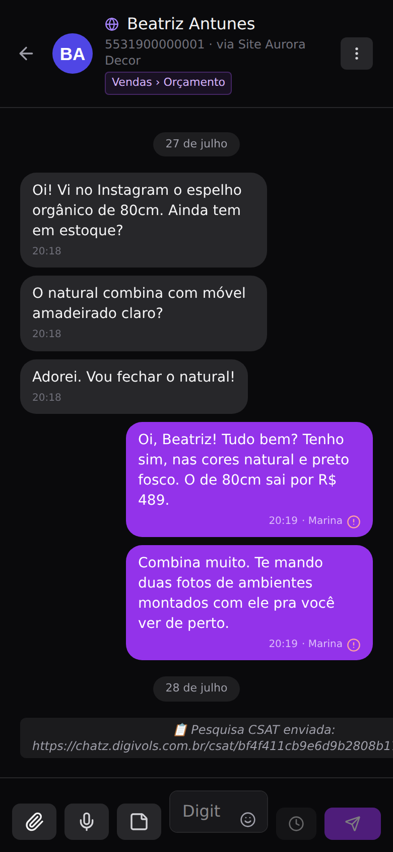 Etiquetas, grupamentos e ações — As ações da conversa