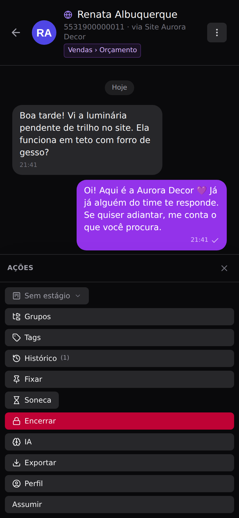 Modo Atendimentos (tickets) — Encerrar
