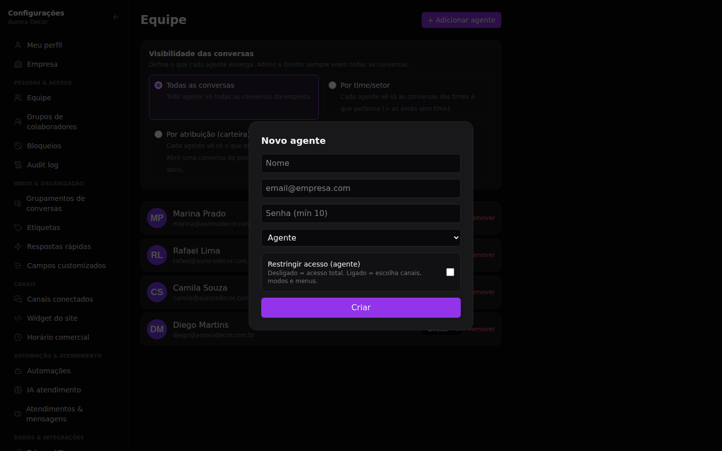 Convidar a equipe — Escolher o nível de acesso