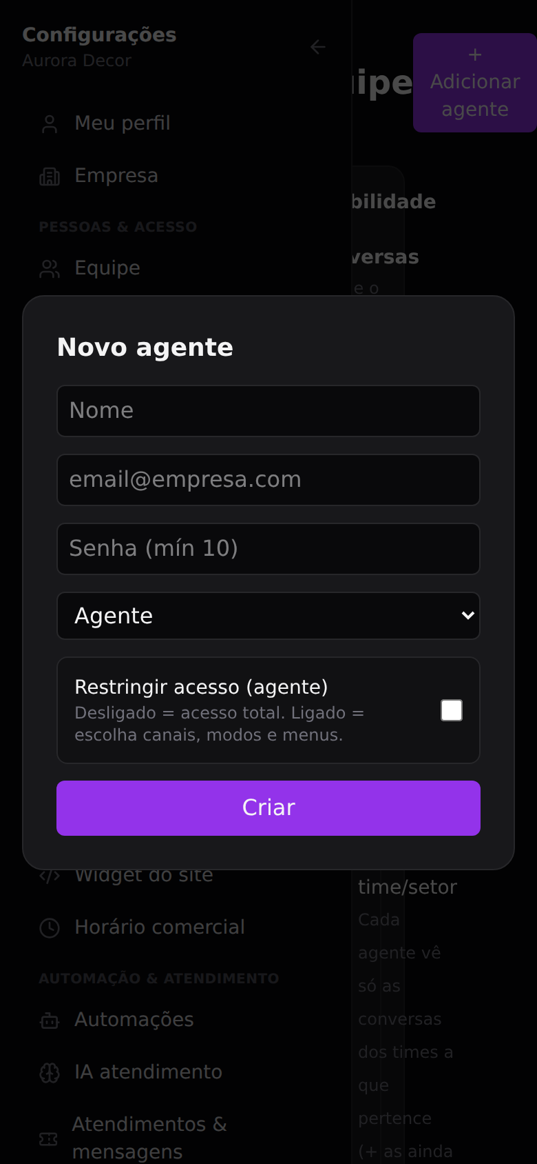 Convidar a equipe — Escolher o nível de acesso