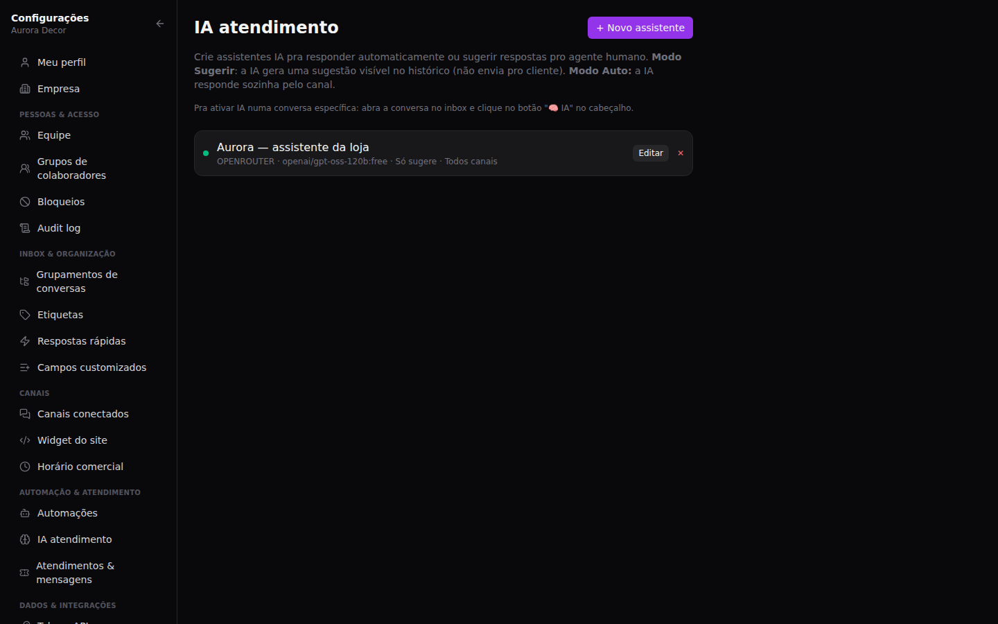 Assistente de IA — Sugerir ou responder