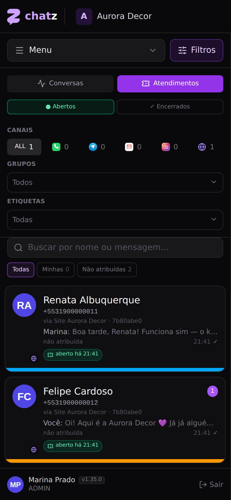 Modo Atendimentos (tickets) — Fila e responsável
