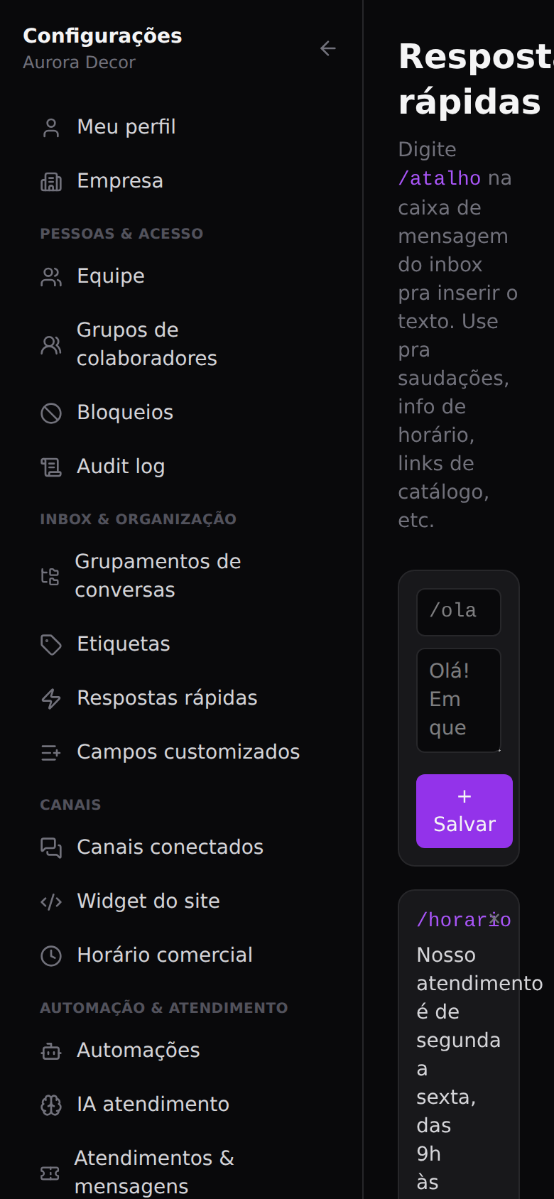 Respostas rápidas — Personalizar