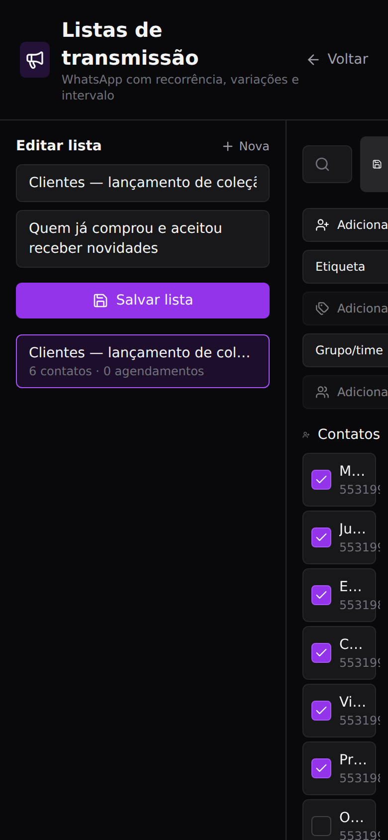 Transmissões — Montar a lista