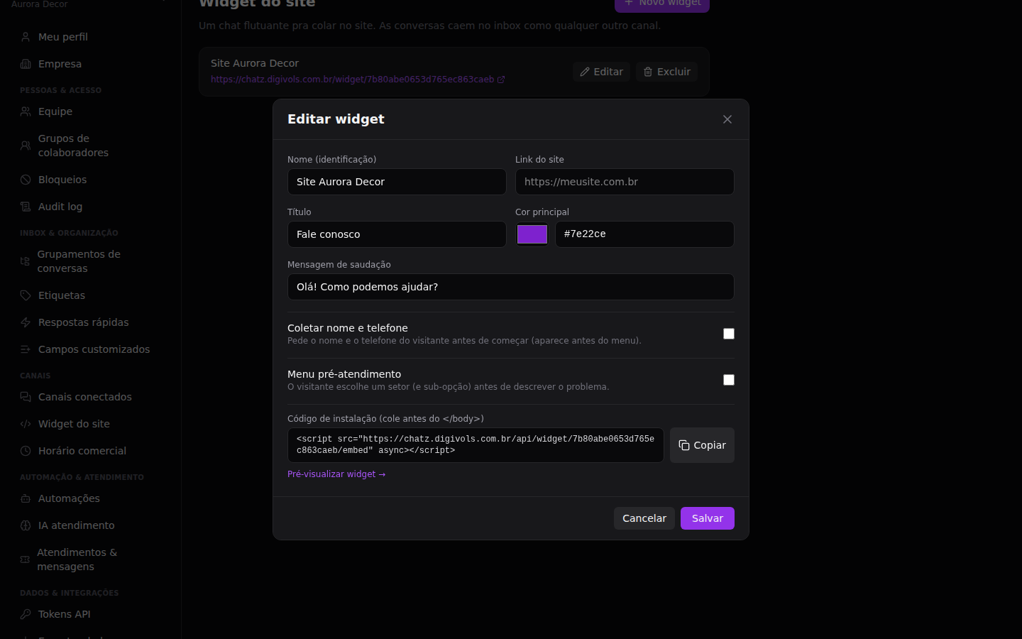 Chat do site (widget) — Identificar quem já é cliente