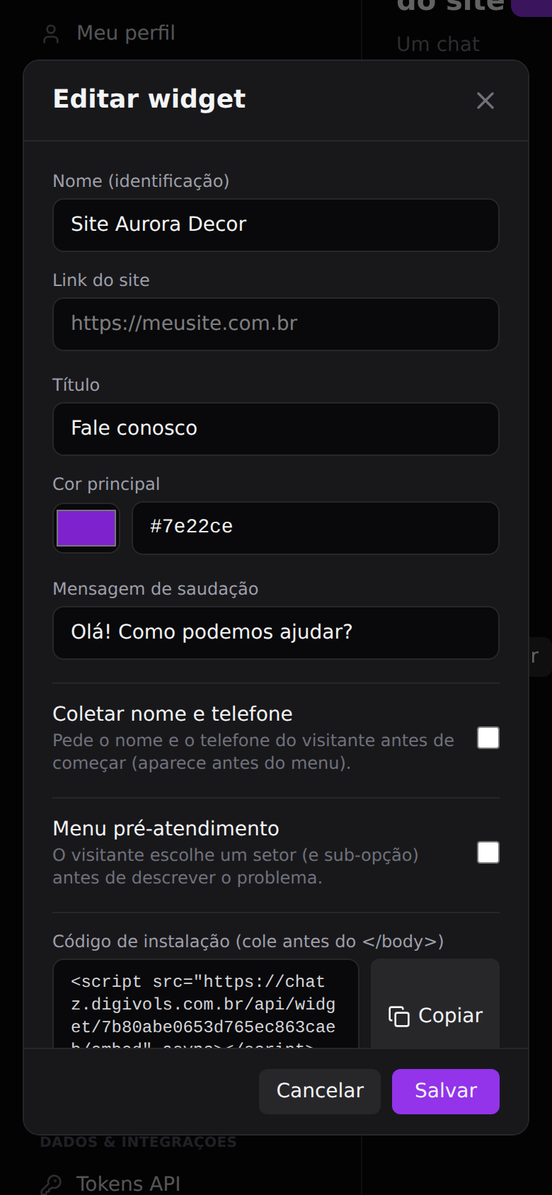 Chat do site (widget) — Identificar quem já é cliente